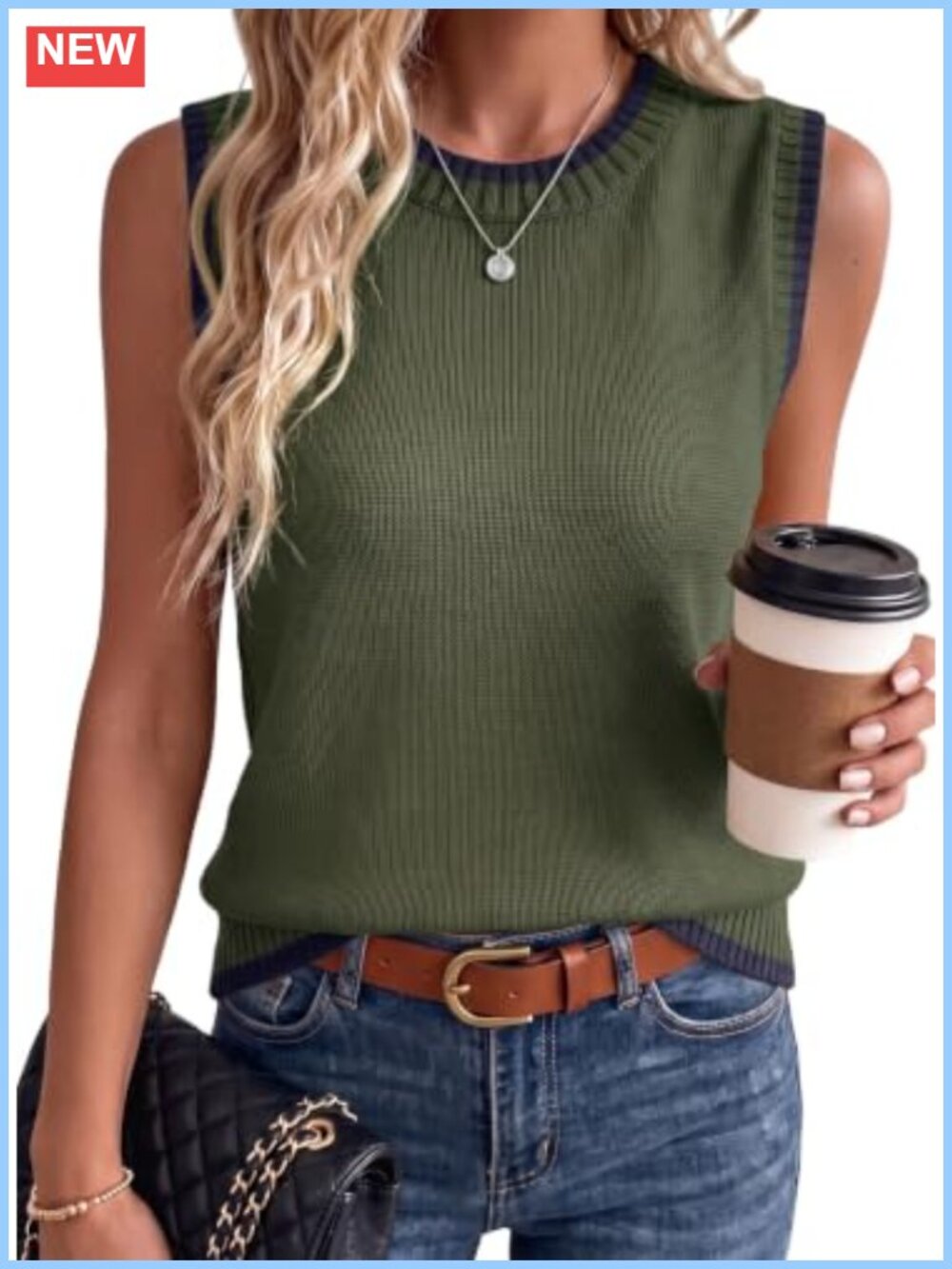 100% Cotton Knit Sweater Vest Sleeveless Crew Neck Ribbed Trim